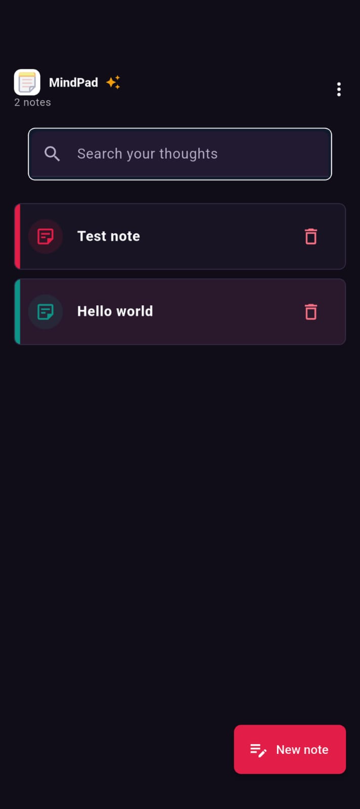 MindPad notes screen with search and two sample notes