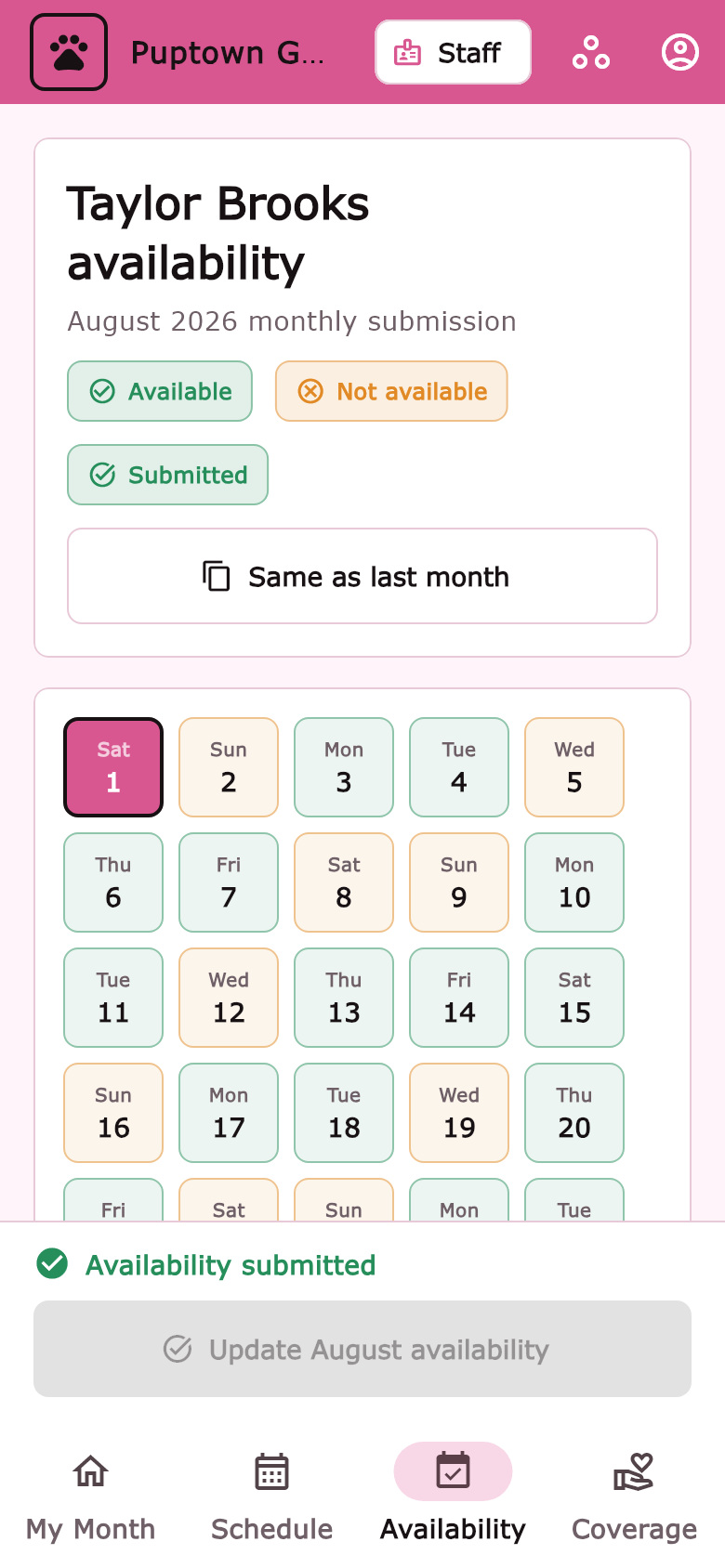 PupSchedule availability calendar showing a confirmed submission for a fictional staff member