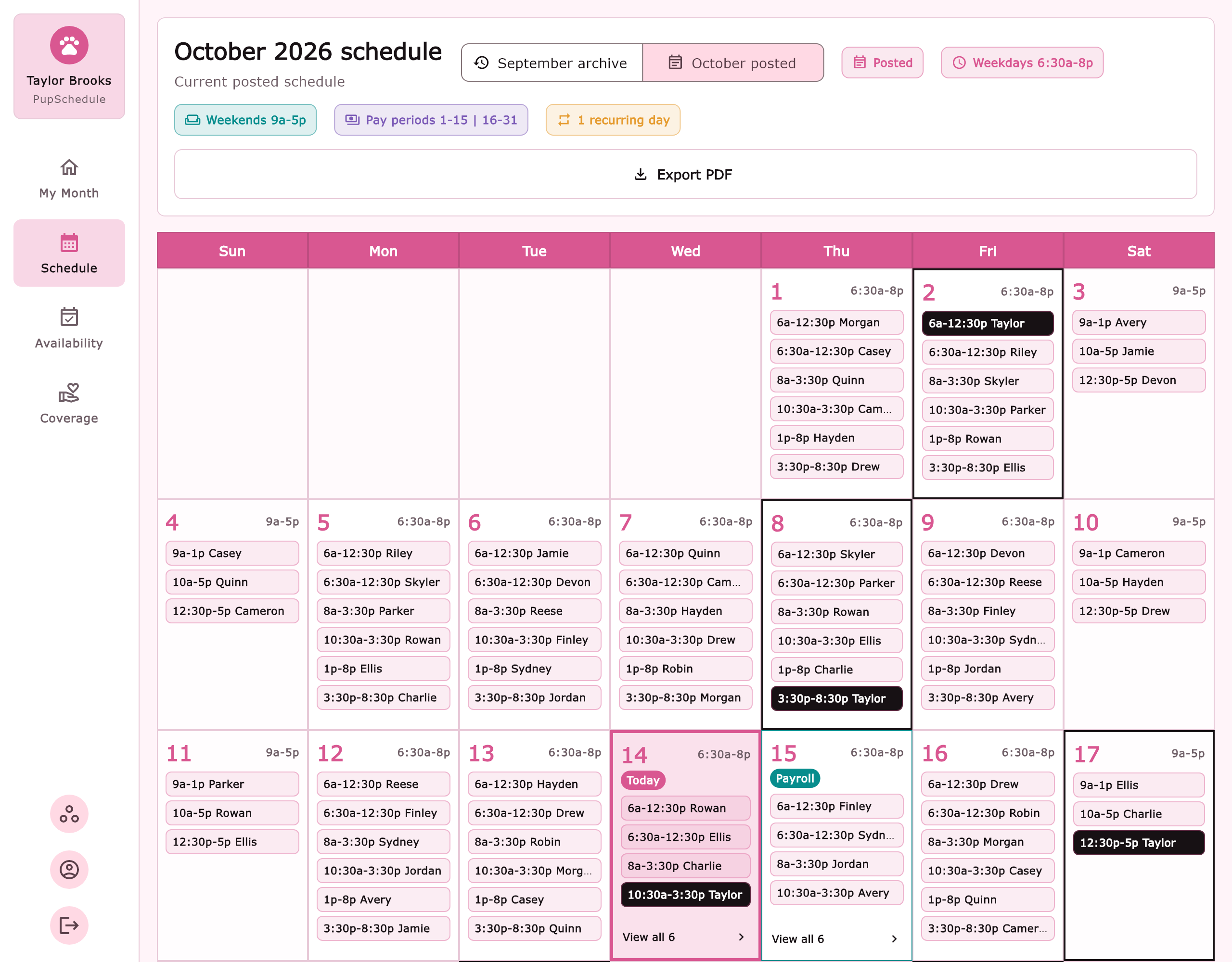 PupSchedule's October calendar, with fictional staff shifts, personal shift highlights, and PDF export