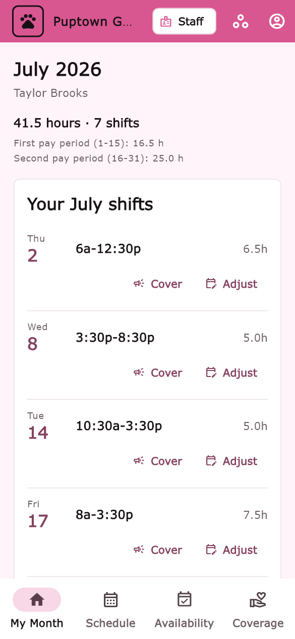 PupSchedule My Month with fictional shifts and pay-period hour totals