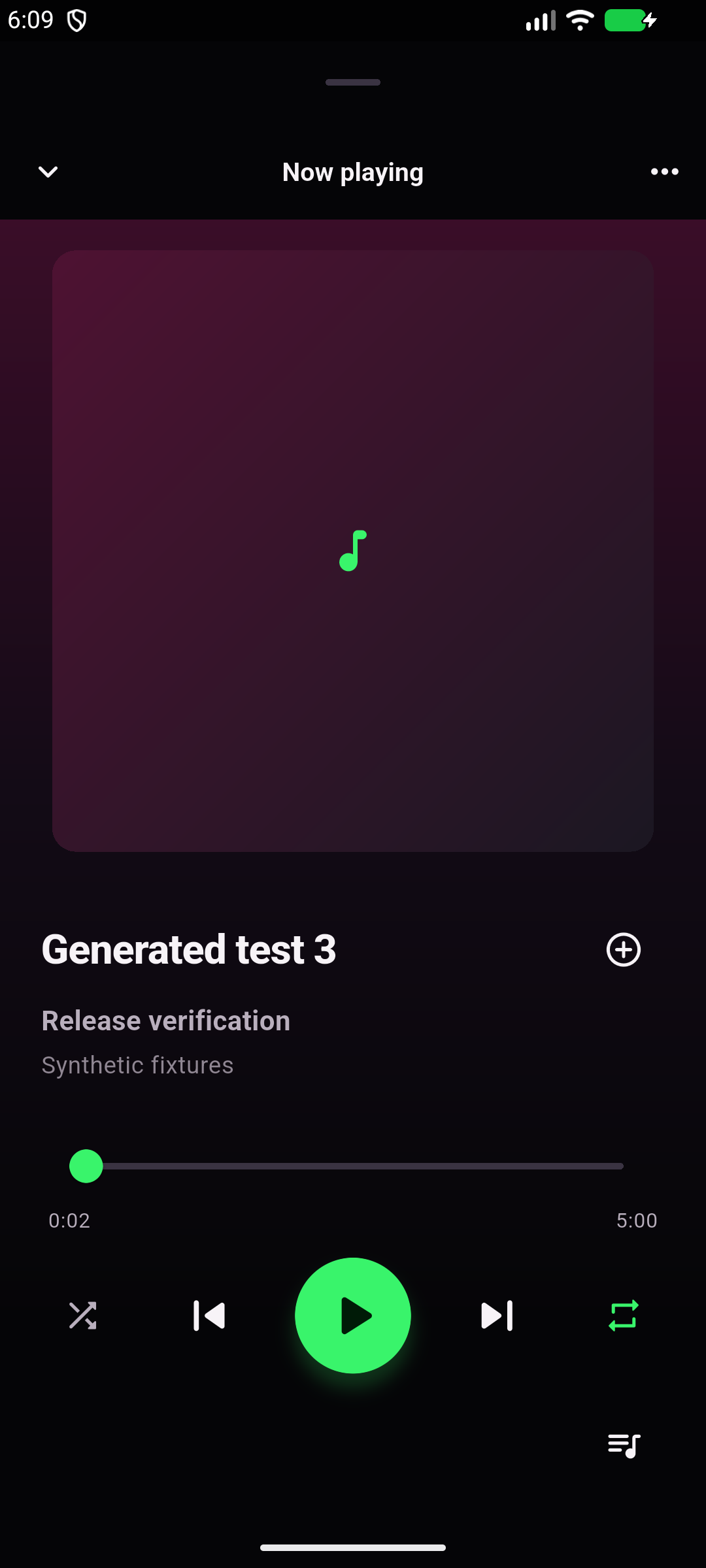 Spotty Pear Now playing on Android, showing a generated test track